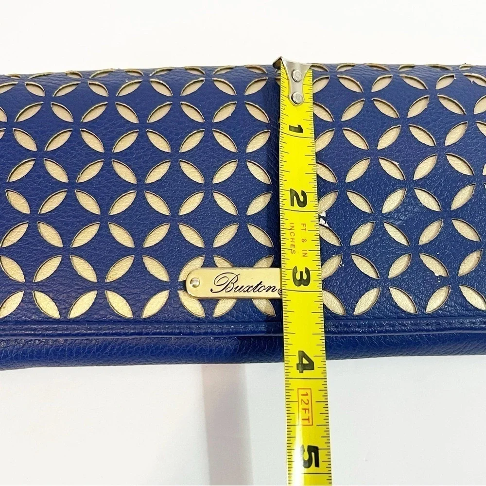Buxton Womens Wallet Blue & Gold Lazer Cut Organizer Travel Zipper ID Holder